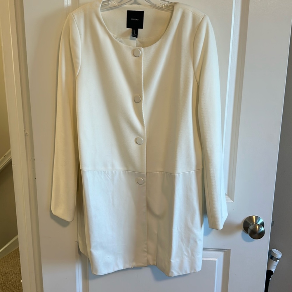 White Forever 21 Dress Coat with Patent Leather Size Medium